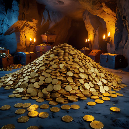 A colossal mound of gold coins dominates the scene within a dimly lit cave. Multiple treasure chests, some partially open, are positioned around the periphery. The cave walls are rough and textured, lit by the warm glow of torches, creating dramatic shadows and highlighting the immense quantity of gold.の素材