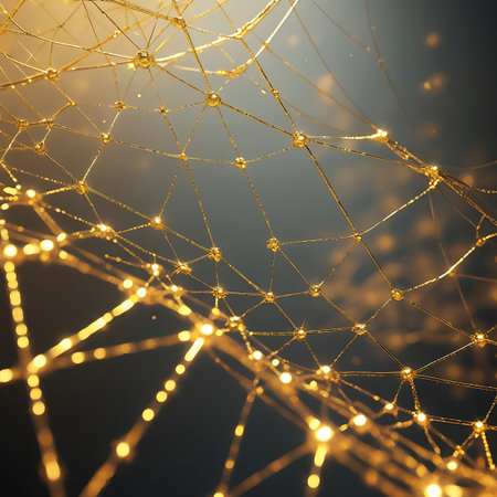 An abstract, golden network structure with glowing nodes and illuminated connecting lines. The intricate pattern suggests a complex system or digital network. Soft, out-of-focus bokeh lights add depth and a futuristic feel to the dark background.の素材