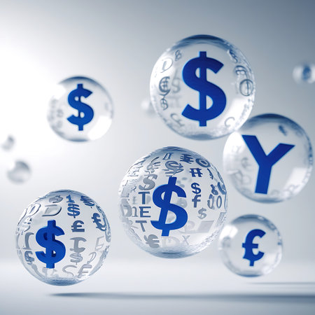 Several transparent spheres are floating in a bright, minimalist environment. The spheres contain various currency symbols, with a prominent blue dollar sign ($) appearing in multiple spheres. Some spheres also feature a dense pattern of smaller currency symbols and text within their translucent bodies, creating a layered visual effect. The overall impression is one of financial data and global exchange.の素材