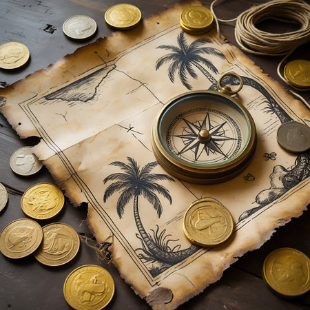 An aged treasure map is presented on a rustic wooden surface, featuring a vintage compass and a mix of gold and silver coins scattered around. The map's illustrations include palm trees and a sea creature, evoking a sense of historical exploration and the allure of hidden riches.の素材