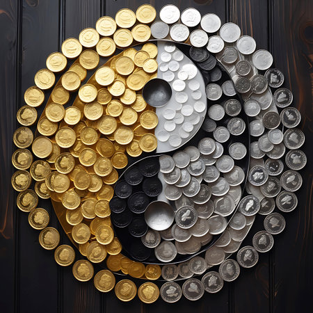 A yin yang symbol is meticulously crafted from a large collection of gold and silver coins arranged on a dark wooden surface. The gold coins fill one half of the symbol, while the silver coins fill the other, creating a striking visual representation of balance and duality. The coins are varied in size and design, suggesting a diverse collection of currency.の素材