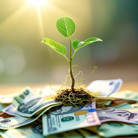 A vibrant green seedling with prominent leaves and visible roots is growing from a small mound of soil. The plant is positioned atop a pile of US dollar banknotes, illuminated by warm sunlight filtering through a blurred background. The image symbolizes financial growth, investment, and prosperity.の素材
