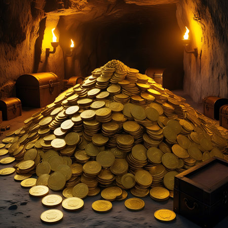 A massive, towering pile of gold coins dominates the center of a dimly lit cave. The cave walls are rough and textured, illuminated by the warm glow of torches mounted on the walls. Several ornate treasure chests are visible in the background, some open and some closed, suggesting a vast hidden hoard. The floor is also covered in scattered gold coins.の素材