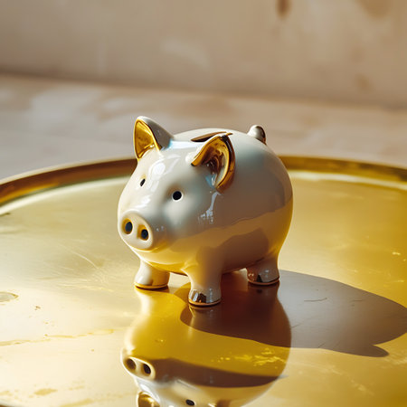 A white ceramic piggy bank, featuring subtle gold accents on its ears and feet, rests on a round, gold-colored tray. The tray has a slightly textured, reflective surface, and a soft shadow is cast by the piggy bank. The background is out of focus, with warm, neutral tones.の素材