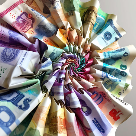 A vibrant, swirling pattern formed by colorful banknotes arranged in a concentric design. The image focuses on the intricate folding and overlapping of various currency denominations, creating a visually striking and abstract representation of financial systems and economic forces.の素材