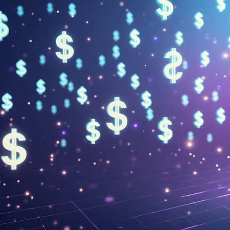 This 3D rendered image displays multiple white dollar signs suspended in a dark, digital environment. The background transitions from purple to blue and is speckled with small, glowing particles. A reflective grid pattern is visible on the floor, mirroring the luminous dollar signs. The composition creates a sense of abstract digital finance and wealth.の素材