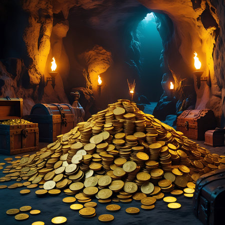 A massive pile of shiny gold coins fills the foreground of a dark cave. Several wooden treasure chests, some open and spilling coins, are scattered around the cavern. Torches mounted on the cave walls cast a warm, flickering light, illuminating the rocky textures of the cave and the gleaming gold. A shaft of light shines down from an opening in the cave ceiling.の素材