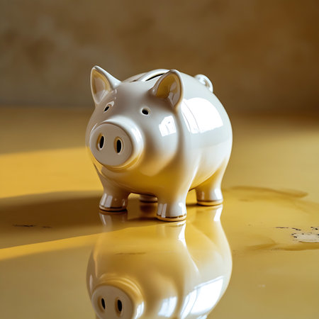 A glossy white ceramic piggy bank, shaped like a pig, sits on a reflective yellow surface. Sunlight casts a warm glow and a distinct reflection of the piggy bank below. The object is positioned centrally, with a blurred background that suggests an indoor setting.の素材