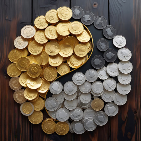 A yin yang symbol is intricately formed by a circular arrangement of gold and silver coins. The gold coins occupy one half of the symbol, while the other half is filled with silver coins. The coins are laid flat on a dark, textured wooden surface, creating a visually striking contrast between the two metals and the background.の素材