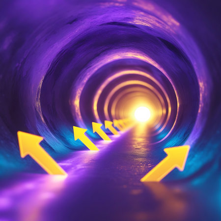 A close-up, low-angle perspective looking into a cylindrical tunnel with a rough, textured interior. Several golden arrows are positioned on the floor, pointing towards a bright, luminous orb at the far end. The tunnel walls are a deep purple, with streaks of blue and yellow light along the sides, creating reflections on the wet-looking surface.の素材