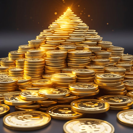 An extensive, tiered pile of gold coins is displayed, with many coins in the foreground clearly showing dollar symbols. The lighting is warm and inviting, casting a golden hue over the entire collection and highlighting the metallic sheen of the coins. The coins are arranged in a pyramid-like structure, with a bright light source at the top.の素材