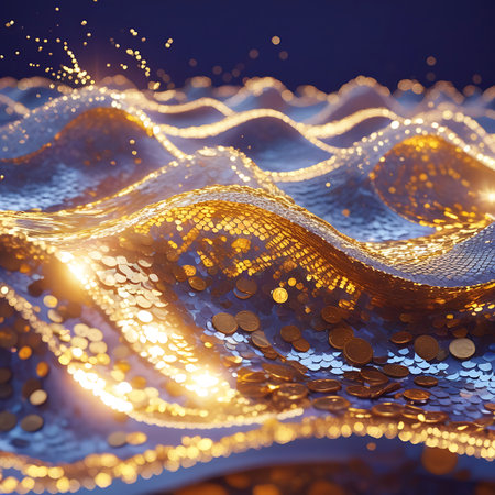 A close-up view of a wavy, textured surface covered in a dense arrangement of gold sequins and scattered gold coins. The surface undulates like liquid or fabric, with bright, warm light sources creating intense highlights and reflections across the metallic elements. The background is a deep, dark blue, emphasizing the brilliance and richness of the golden textures.の素材