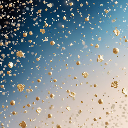 A collection of irregular gold nuggets and smooth golden spheres are depicted falling against a soft gradient background transitioning from blue to white. The gold elements have a textured, raw appearance for the nuggets and a polished, reflective surface for the spheres. The image is softened by a bokeh effect, creating a dreamy and luxurious visual that suggests wealth and abundance.の素材