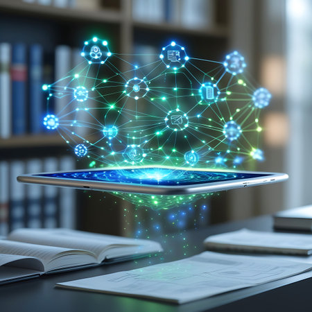 An abstract, glowing digital network hologram, formed by interconnected blue and green nodes and lines, floats above a tablet. The tablet's screen shows a dynamic interface with data visualizations. The scene is set on a desk with open books and papers, with a blurred background of bookshelves, implying a blend of traditional learning and advanced digital concepts. Light streams through the scene, highlighting the luminous hologram.の素材