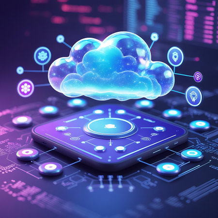 An abstract representation of cloud technology. A glowing, translucent blue cloud hovers above a central square digital interface with a radiating pattern. This interface is surrounded by smaller circular nodes, all connected by glowing lines against a dark background filled with intricate, illuminated blue and purple circuitry. The image evokes themes of data processing, connectivity, and advanced digital systems.の素材