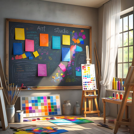 This art studio features a prominent chalkboard with various notes and colorful sticky notes. An easel stands in front of the chalkboard, holding a canvas with a colorful dot pattern. Another easel is visible to the right. A long table displays rows of colorful paint tubes and art materials. Brushes are in containers, and art papers with colorful washes are on the wooden floor. Sunlight streams through a large window with white curtains, casting light and shadows across the room,...の素材