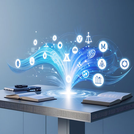 An open book and a notebook with a pen are placed on a table. Above them, abstract streams of blue and white light emanate upwards, carrying a variety of icons representing scientific and educational concepts. The dynamic light display suggests the flow of information and the interconnectedness of knowledge.の素材