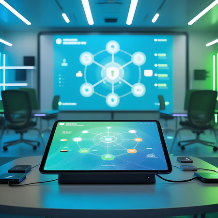 An advanced classroom environment with a large central digital display showcasing a network diagram. A tablet in the foreground also presents a similar glowing digital interface. The room is illuminated with striking blue and green lights, creating a futuristic atmosphere focused on technology-driven learning.の素材