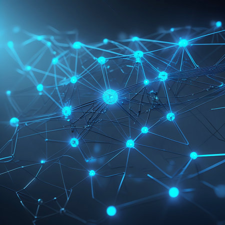 An abstract visualization of a digital network composed of numerous glowing blue nodes interconnected by fine lines. The intricate web-like structure suggests a complex system of data transfer and communication. The dark background emphasizes the luminous quality of the network, creating a futuristic and technological feel.の素材