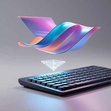 An abstract, iridescent shape with flowing curves and vibrant gradients of pink, blue, and purple hovers above a computer keyboard. Below the shape, a delicate diamond wireframe structure is visible. The keyboard is dark and modern, with subtle lighting. The image suggests a blend of organic digital forms and geometric structures, representing creativity, innovation, and the abstract nature of digital concepts.の素材