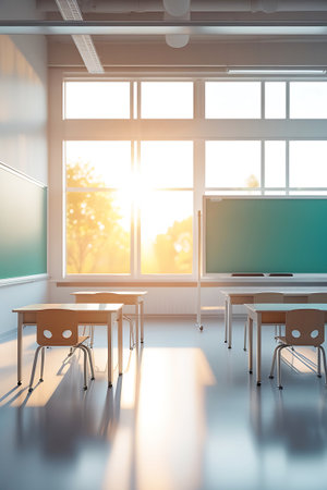 A bright and airy classroom interior illuminated by the warm glow of sunlight filtering through large windows. Rows of empty desks and chairs are positioned in the room, with the sun casting distinct shadows on the floor. A blackboard is visible on one wall, and the overall impression is one of a clean, modern, and inviting educational space.の素材