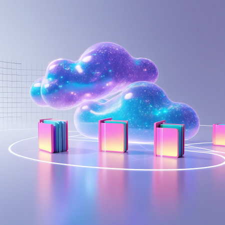 Abstract, bulbous shapes resembling glowing clouds, filled with starry patterns in shades of purple and blue, dominate the background. In the foreground, several stylized, colorful digital books with neon pink and yellow edges are arranged in a circle on a reflective, smooth surface. The overall aesthetic is futuristic, ethereal, and visually striking.の素材