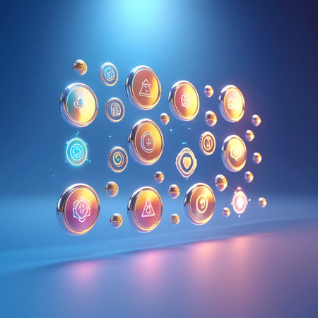 A collection of metallic, circular digital icons are arranged in a dynamic formation against a deep blue background. Each icon displays a unique symbol and is illuminated with a soft glow. Small, polished spheres are scattered around the icons, adding a sense of depth and texture. The lighting creates reflections on the metallic surfaces, highlighting the intricate details of the icons and the overall futuristic and technological theme.の素材
