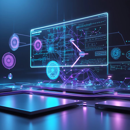 A complex and vibrant digital interface glows against a dark backdrop. Multiple screens display intricate data visualizations, schematics, and graphs in neon blue and pink. Luminous purple and blue orbs are integrated into the display, connected by flowing energy streams. The foreground features reflective surfaces with subtle glowing elements, hinting at advanced computing hardware.の素材