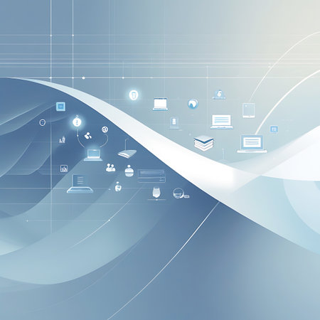 An abstract digital background featuring flowing white and blue lines that represent a network. Various small icons symbolizing technology, data, and communication are scattered throughout the scene, connected by subtle lines, creating a sense of interconnectedness and information flow.の素材