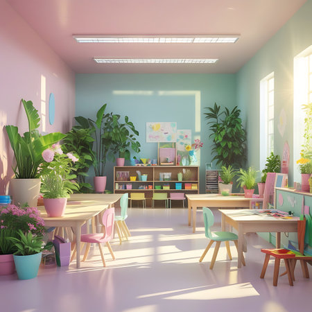 A sunlit classroom with pastel pink and blue walls is filled with numerous potted plants and flowers. Wooden desks and colorful chairs are arranged throughout the room, with shelves stocked with art supplies. Large windows allow natural light to stream in, casting soft shadows.の素材