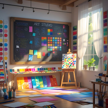 A sunlit art studio is filled with an abundance of colorful art supplies. A large chalkboard labeled "ART STUDIO" dominates the back wall, covered in notes and color charts. A wooden easel holds a canvas with colorful dots. A long table displays rows of paint tubes, color swatches, and art materials. Brushes and pencils are scattered on the wooden floor, alongside large sheets of paper with watercolor washes. Sunlight streams through a large window with white curtains, illuminating the...の素材
