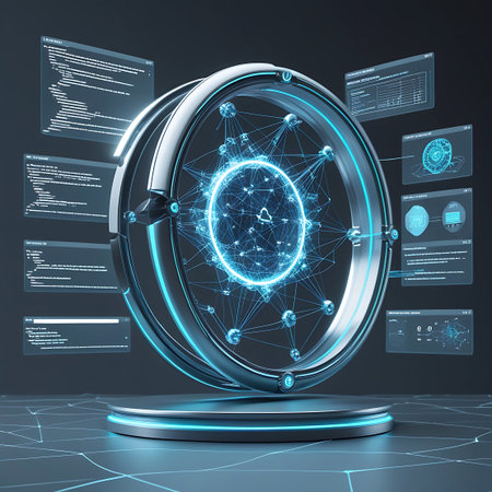 An advanced digital network core depicted as a glowing blue, interconnected structure within a metallic ring. Surrounding the core are multiple holographic screens displaying code and data charts. The composition suggests a high-tech, data-driven environment with a dark, textured background.の素材