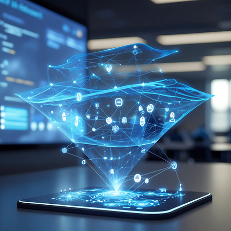An abstract, glowing blue digital network hologram rises from a tablet device. The network is a complex web of lines and nodes, with various icons embedded within. The tablet screen displays a bright, circular interface. The background is a blurred office environment with a large screen displaying data.の素材