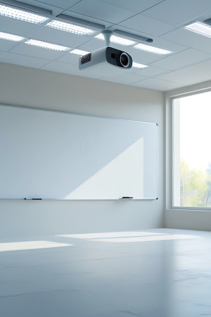 A bright and clean classroom interior is captured, featuring a large, blank whiteboard and a projector suspended from the ceiling. Linear light fixtures are also visible on the ceiling. Sunlight streams through a window, casting distinct shadows on the floor and the whiteboard, suggesting a well-lit and functional educational space.の素材