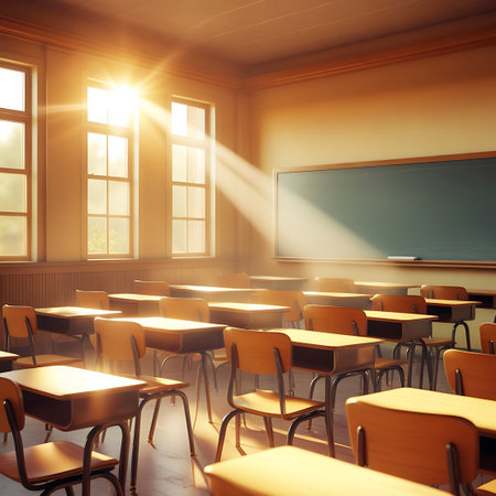An empty classroom illuminated by bright sunlight pouring through multiple windows. Rows of wooden desks with metal frames and chairs are arranged in the room. A green chalkboard is on the wall. Sunbeams create a warm, inviting atmosphere, casting light and shadows across the wooden floor.の素材