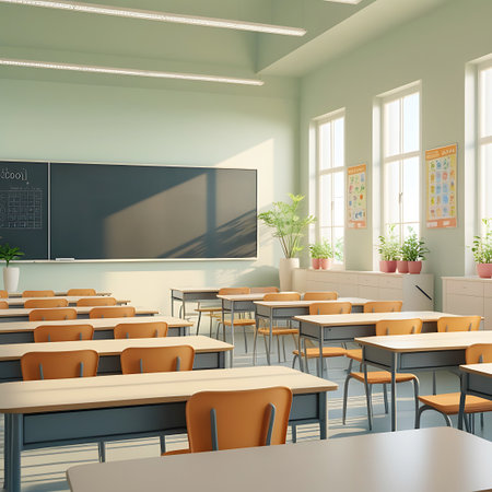 A bright, empty classroom interior with rows of desks and chairs. Sunlight illuminates the space, casting distinct shadows on the large blackboard. Potted plants sit on a windowsill, and colorful educational posters are displayed on the pale green wall. The scene depicts a clean and organized learning environment.の素材