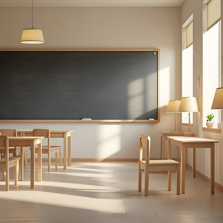 A bright and airy classroom interior featuring light wooden desks and chairs arranged in rows. A large chalkboard is mounted on the wall, and sunlight streams in through tall windows, casting soft shadows. A pendant light hangs from the ceiling, and a small potted plant sits on a windowsill. The space feels clean, organized, and conducive to learning.の素材