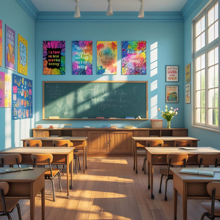 A brightly lit classroom with light blue walls and a large blackboard. Sunlight streams in through a large window, casting shadows on the wooden floor and desks. Colorful, abstract art posters are displayed on the walls, and a bouquet of flowers sits on a shelf. The room is furnished with rows of wooden desks and chairs, suggesting a space for learning and creativity.の素材