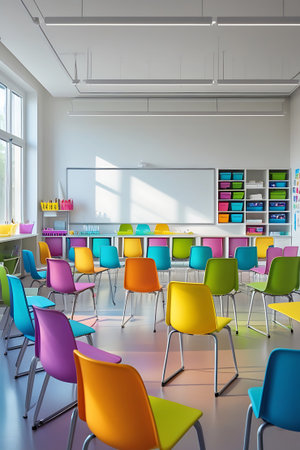 A bright and modern classroom interior is depicted, featuring rows of colorful chairs in various shades of blue, purple, orange, yellow, and green. A large whiteboard dominates the front wall, with shelves filled with colorful storage bins to the side. Natural light streams in from a large window, illuminating the empty room.の素材
