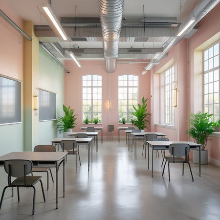 A bright and airy classroom interior with a unique dual-tone wall design, featuring pastel pink and a soft yellow-green. Rows of grey desks and chairs are arranged neatly, with large windows allowing ample natural light. Potted plants add life to the space, and industrial elements like exposed ventilation pipes and modern light fixtures are visible.の素材