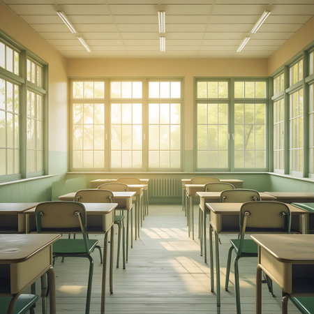 A bright and airy classroom is filled with natural daylight streaming through large, multi-paned windows. Rows of light-colored wooden desks with green chairs are neatly arranged, creating a clean and organized learning environment. The soft sunlight creates a peaceful and serene atmosphere, ideal for study and education.の素材