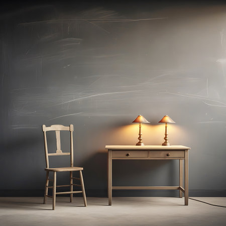 A wooden chair stands to the left of a simple wooden desk. Two table lamps with cream-colored shades are placed on the desk, casting a warm light. The backdrop is a dark, textured wall, and the floor is a light, neutral color. The composition suggests a quiet and focused space for learning or creative endeavors.の素材