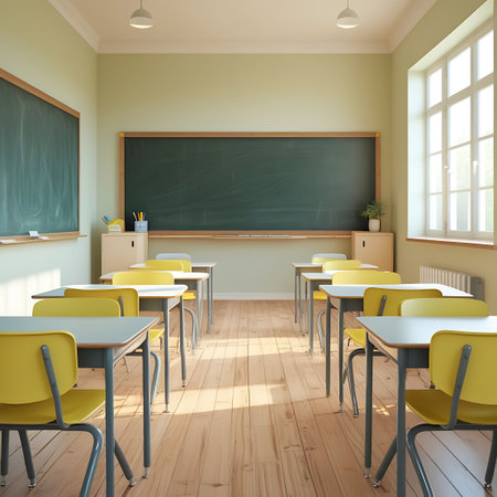 A bright and clean classroom interior featuring rows of desks with yellow chairs. A large green chalkboard dominates the front wall, with storage cabinets on either side. Natural light streams in from a large window on the right, casting shadows on the polished wooden floor. The room is empty and ready for students.の素材