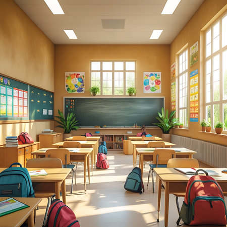 A bright and inviting elementary school classroom bathed in sunlight streaming through large windows. Rows of wooden desks with chairs are neatly arranged, some with colorful backpacks placed on or near them. A large blackboard dominates the front wall, adorned with educational posters and plants. The overall atmosphere is cheerful and conducive to learning.の素材