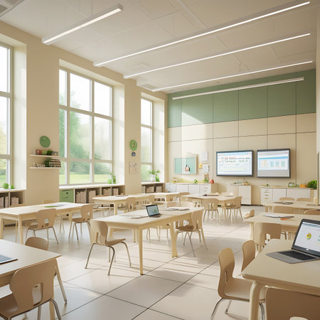 A bright and spacious modern classroom bathed in natural light from large windows overlooking greenery. Light-colored wooden desks are arranged in rows, each with a laptop. The room features a green accent wall with two large screens, shelves, and decorative elements, creating an inviting and contemporary educational environment.の素材