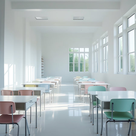 An empty, bright, and modern classroom interior bathed in natural sunlight streaming through large windows. Rows of white desks with pastel-colored chairs in shades of pink, green, and yellow are neatly arranged. The floor is highly reflective, mirroring the light and the furniture. The walls are white, and a bookshelf is visible on the left. The overall atmosphere is clean, airy, and ready for learning.の素材