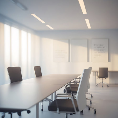 A bright and spacious conference room with a long table and several chairs. Soft, natural light illuminates the minimalist interior, creating a calm and professional atmosphere. The room is empty, suggesting a space ready for important discussions and collaborative work.の素材