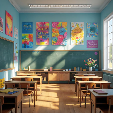A vibrant and colorful classroom is filled with student desks and chairs. The walls are adorned with bright, inspirational artwork and posters. A large green chalkboard is mounted on the wall, with a wooden cabinet below. Sunlight streams through the windows, illuminating the wooden floor and furniture. A vase of flowers adds a decorative touch.の素材