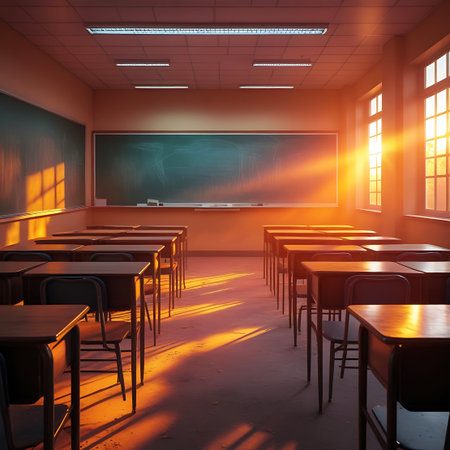 This image depicts an empty classroom interior bathed in the warm glow of a sunset. Sunlight streams through the windows, casting long, dramatic shadows from the rows of desks and chairs. A blackboard is visible on the wall, adding to the educational setting. The scene evokes a sense of quiet reflection and the end of a school day.の素材