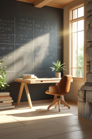 A wooden desk and chair are positioned before a chalkboard filled with complex mathematical equations. Bright sunlight enters through a window, creating distinct light beams that illuminate the room and cast shadows on the floor. A potted plant sits on the desk, and a stack of books is placed to the left. The scene conveys a sense of focused study and intellectual pursuit.の素材